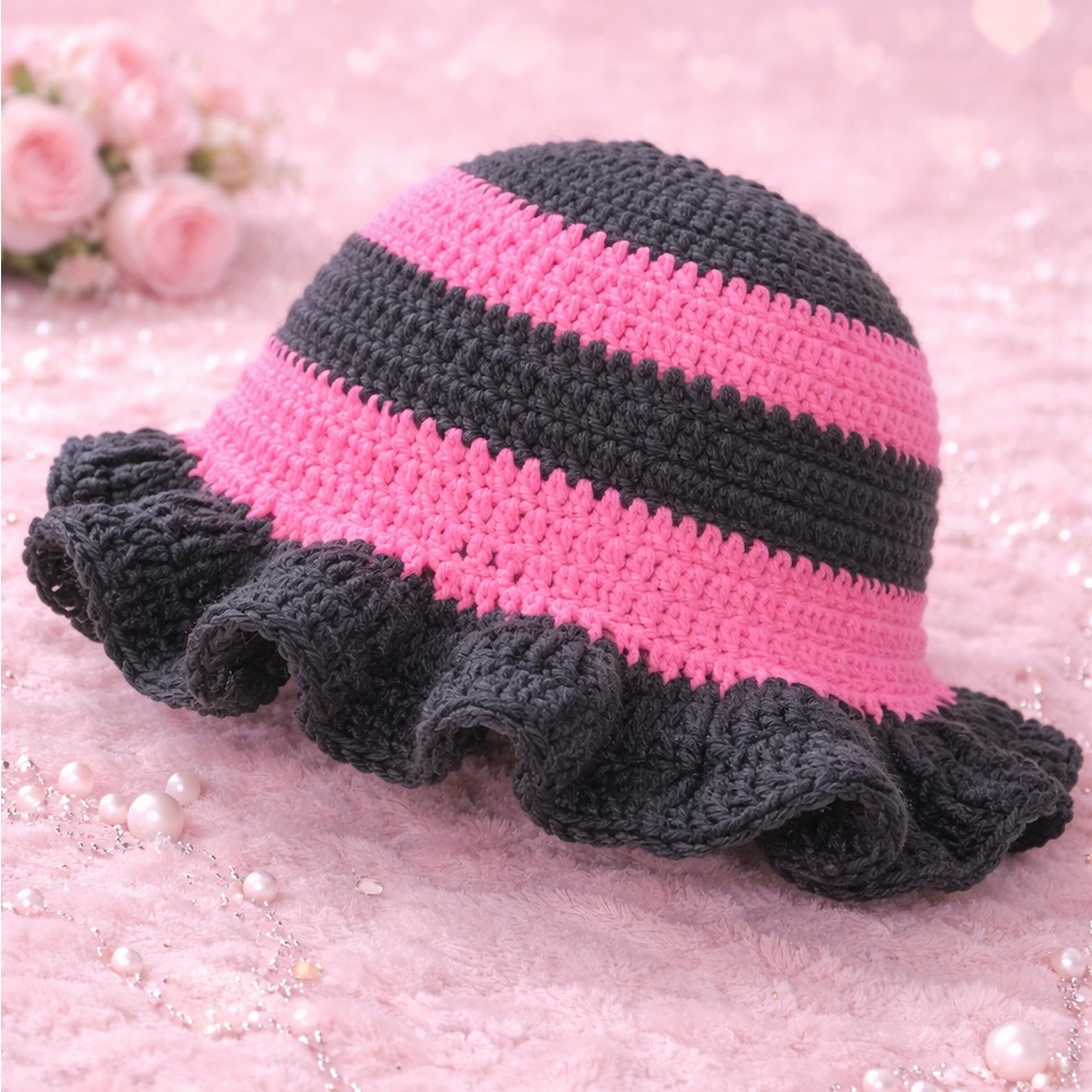 Pink and Black Ruffled Hat